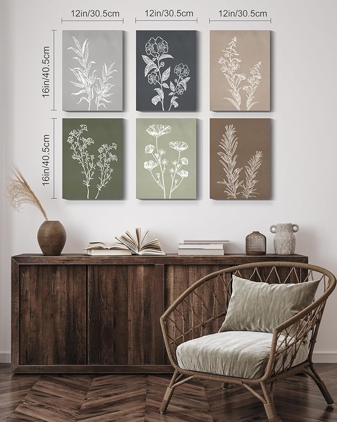 Drsoum Vintage Botanical Wall Art Framed Boho Wall Art Decor Wooded Minimalist Print Modern Rustic Farmhouse Home Kitchen Decor 12x16inx6pcs