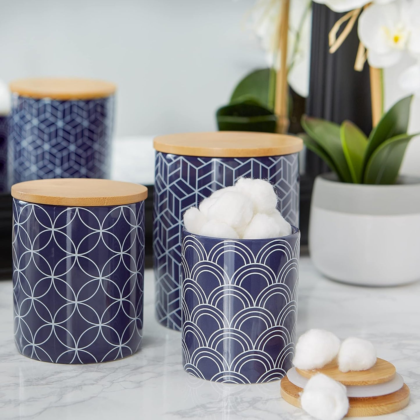 DII Kitchen Ceramics Collection, Canister Set, Mixed Print, Nautical Blue, 3 Piece