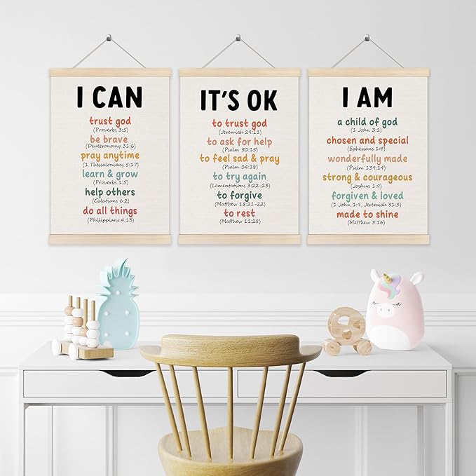 Koesus Inspirational Christian Classroom Wall Art Poster Hanger Frame 12x16 Inch Set of 3, Positive Affirmations for Kids, Motivational Canvas Pictures Prints Framed Wall Decor for Classroom Kids Room Playroom