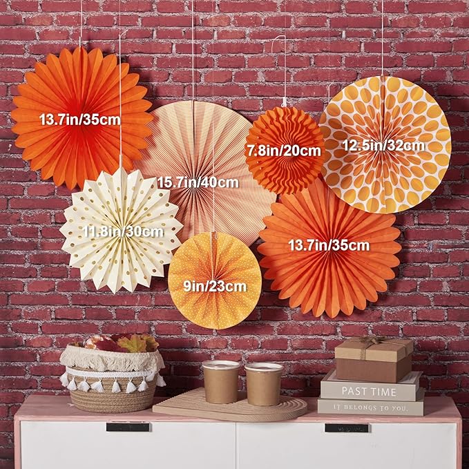 SUNBEAUTY Pack of 7 Hanging Paper Fans Collection Orange Paper Fans Home Party Photo Backdrop Decorations