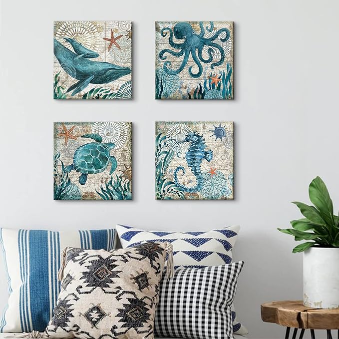 Bathroom Wall Art Beach Decor Ocean Sea Turtle Octopus Canvas Pictures Coastal Room Decor Teal Bathroom Accessories Vintage Whale Seahorse Poster Modern Nautical Painting Bedroom Home Decorations