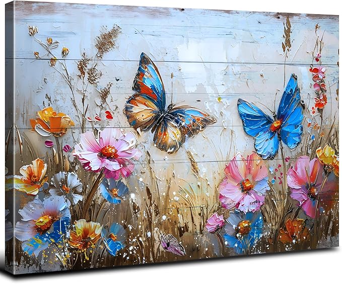 Butterfly Wall Art for Bathroom Abstract Flower Pictures Wall Decor Colorful Wildflower Canvas Prints Farmhouse Butterfly Botanical Art Wall Paintings for Bedroom Living Room Home Decoration 12x16"