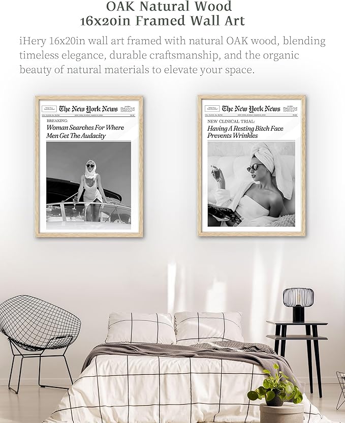 iHery Champagne Problems On the Rise Newspaper Headline Framed Wall Art, Natural OAK Wood Trendy Large 16x20 in Canvas Wall Art Décor For Bedroom Living Room Bathroom Set of 1