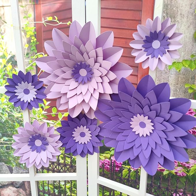 Purple Paper Flower (12''-5'' Assorted) for Wall Backdrop Wedding Mermaid Birthday Baby Shower Purple Party Decor Pack of 6