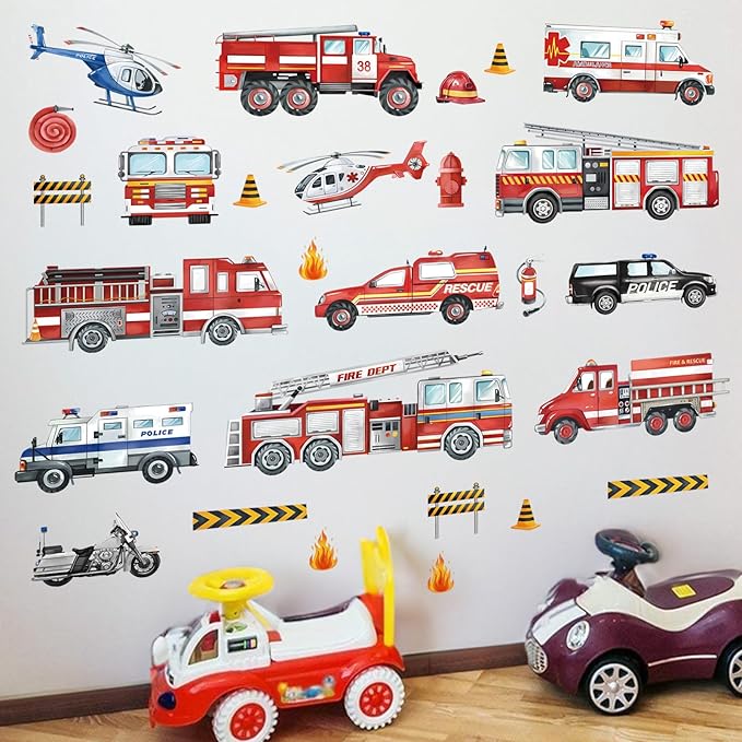 decalmile Transportation Cars Vehicles Wall Decals Fire Trucks Wall Stickers Baby Nursery Kids Room Boys Bedroom Wall Decor