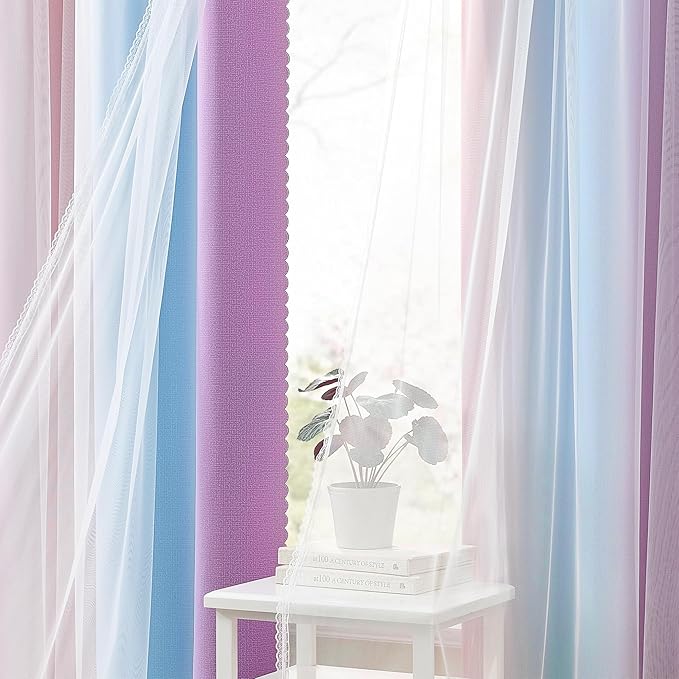 XiDi Blackout Curtains with Sheer Overlay for Girls Bedroom 2 Panels 63 Inches Long Ombre Pink Purple Curtains Colorful Rainbow for Kids Room Unicorn Princess Theme Home Decor Grommet Drapes W52XL63