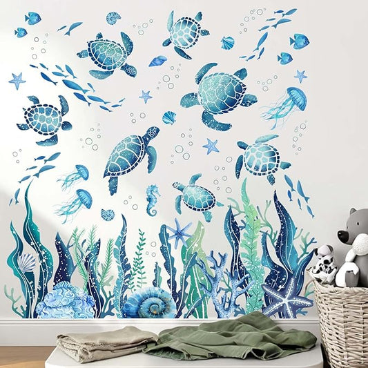 Ocean Sea Turtle Wall Stickers - Under The Sea Marine Theme Seaweed Grass Wall Decals - Baby Nursery Kids Bedroom Daycare Bathroom Wall Decor Stickers
