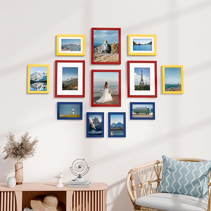 Vittanly 12 Pack Picture Frames Collage Wall Decor for Mounting or Tabletop Display, Gallery Wall Frame Set for Family, Multi Sizes Including 4pcs 8x10, 4pcs 5x7, 4pcs 4x6, Red & Yellow & Blue