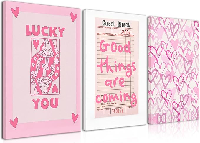 Djmwtb Trendy Preppy Canvas Wall Art Framed 3 Pcs Pink Lucky You Poster Prints Queen of Hearts Poker Aesthetic Pictures Retro Guest Check Decor Painting for Living Room Bedroom Bathroom 16"x24"x3