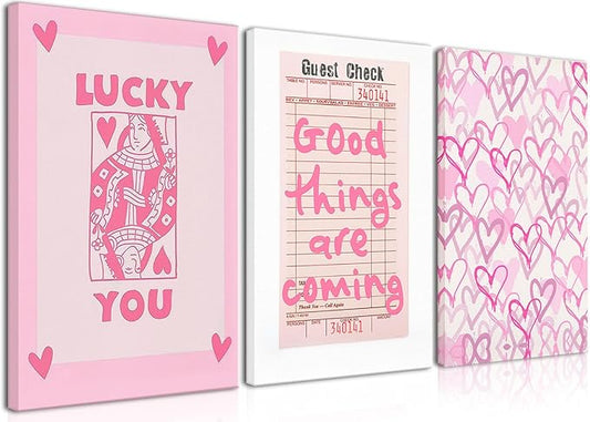Djmwtb 3 Piece Canvas Wall Art Preppy Wall Decor Lucky You Pictures Hearts Prints Guest Check Painting Y2K Artwork for Bedroom Bathroom 12x16in Framed