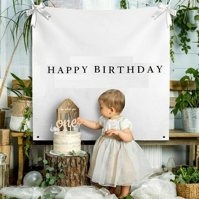 Oudain 59x59 Inch Happy Birthday Burlap Banner, Fabric Party Decorations Backdrop, Boho Rustic Photo Props Sign with Hanging String for Birthday Party Indoor Outdoor Yard Wall Decor