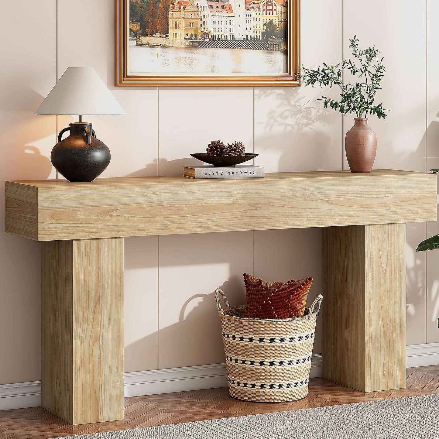 63 Inch Long Console Table for Entryway, Farmhouse Wood Rectangular Sofa Table Behind Couch Table, Narrow Entryway Table for Living Room, Entrance, Hallway, Foyer, Easy Assembly (Natural)
