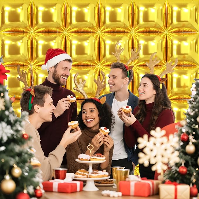NISOCY 36PCS Gold Square Foil Balloons Wall Backdrop Metallic Double Sided Gold Christmas Balloons Tunnel Arch Kit for New Year Birthday Anniversary Graduation Party Decorations