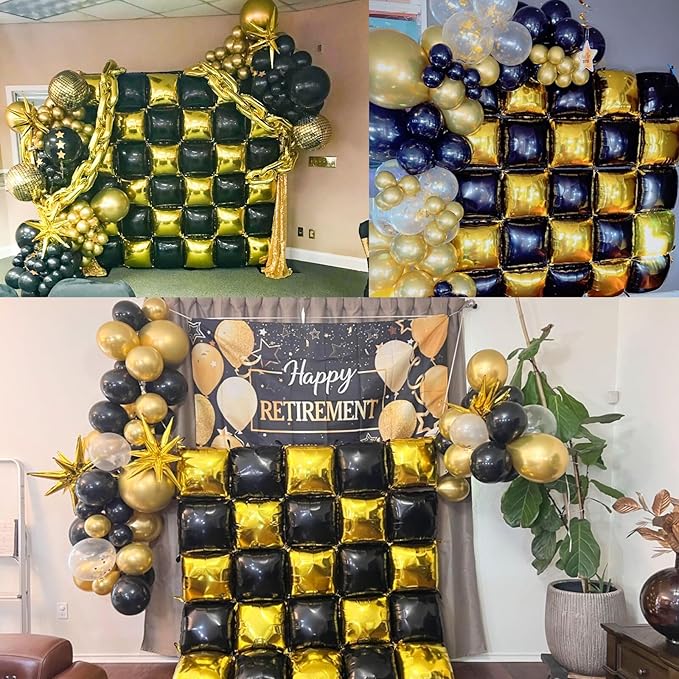 25pcs Black and Gold Foil Square Balloon Backdrop Wall &139pcs Gold Black Balloons Arch Kit, Double Sided Balloon Tunnel for Birthday 2025 New Year Graduation Party Decoration