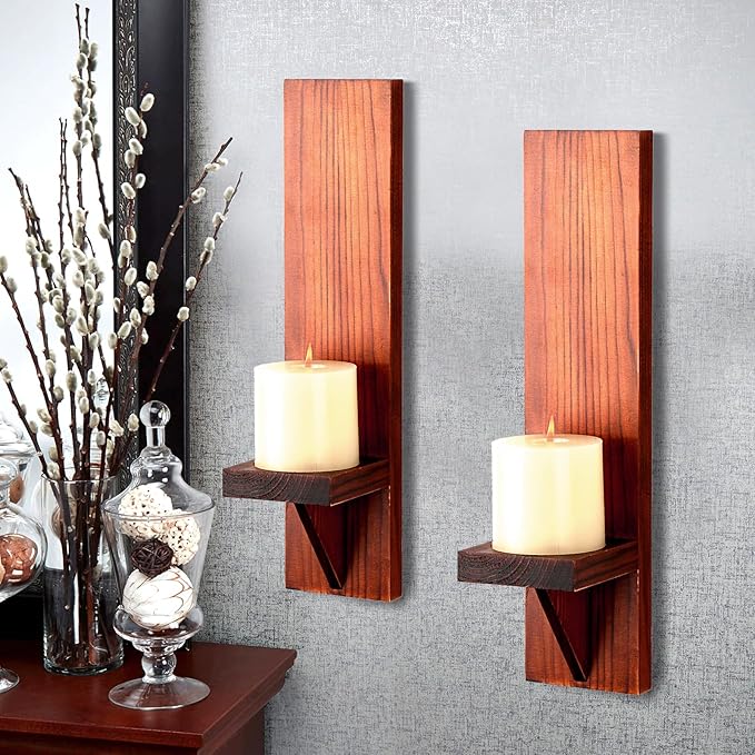 OwnMy Set of 2 Wooden Wall Candle Sconces Rustic Wall Mount Wooden Pillar Candle Sconces, Brown Farmhouse Wall Candle Sconce Vintage Hanging Candle Holders Decors for Living Room