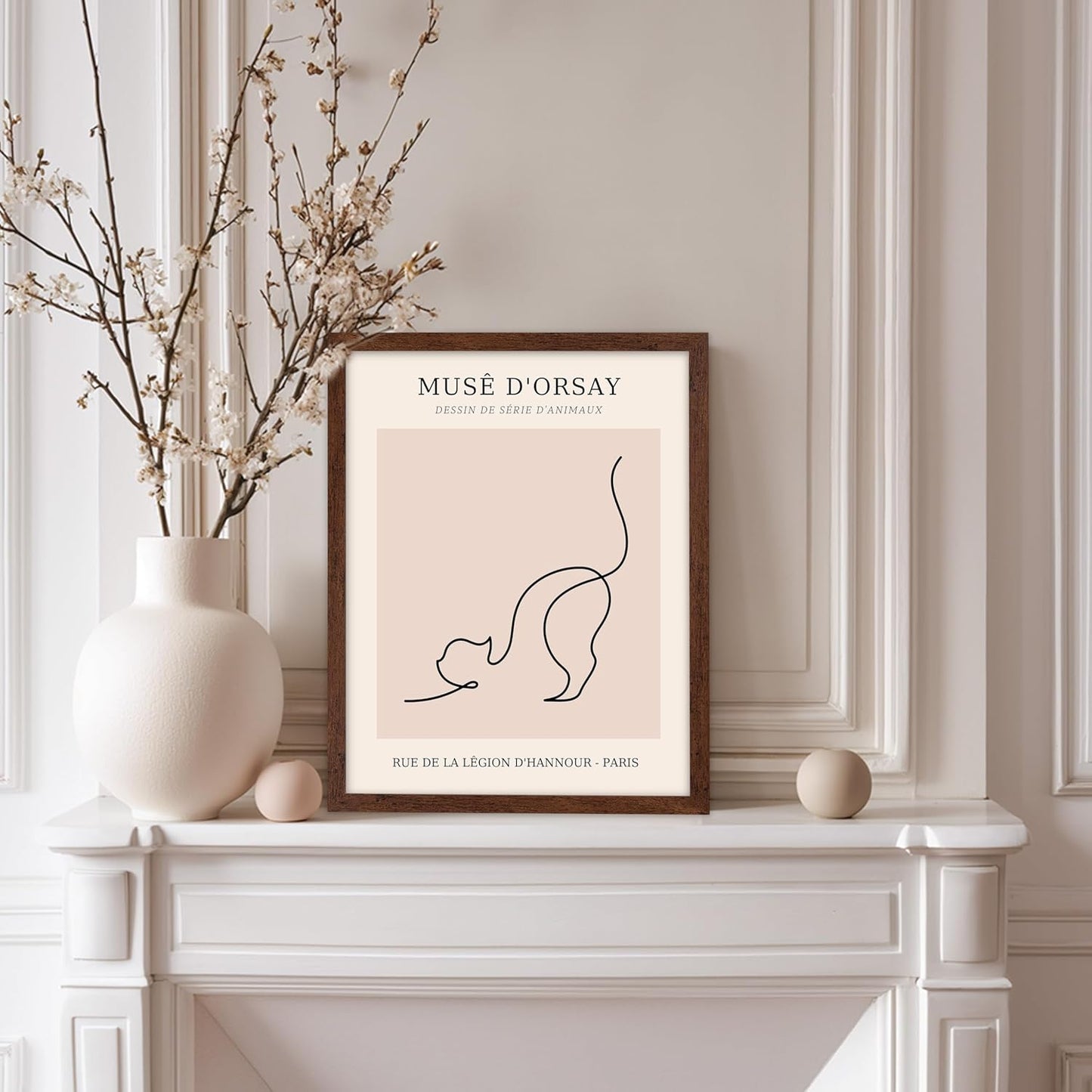 Poster Master Vintage Poster - Retro One Line Cat Drawing Print - Cat Art - Minimal Gift for Men, Women, Animal Lover - Abstract Wall Decor for Home, Office, Bedroom, 11x14 Brown Framed