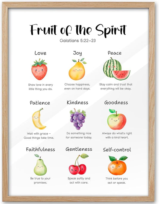 KensTro Christian Bible Verse Framed Wall Art, 12x16 in Fruit of the Spirit for Kids Christian Canvas Wall Art,God Inspirational Scripture Poster Christ Bible Art Print for Boy and Girl Bedroom 1Pack