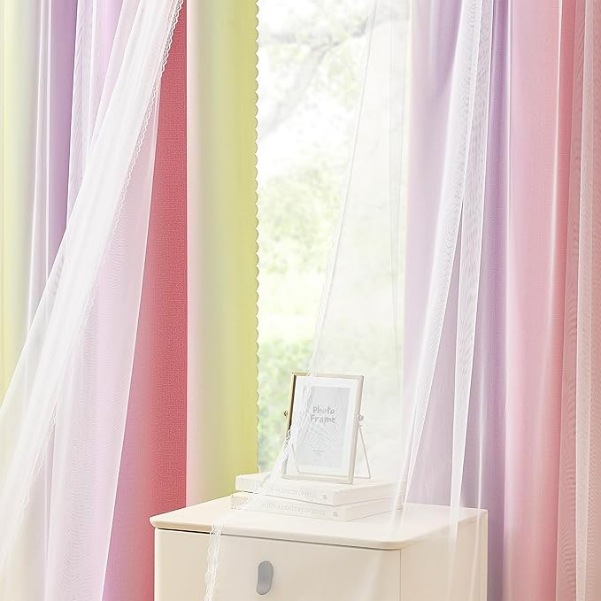 XiDi Girls Blackout Curtains for Bedroom 96 Inch Length 2 Panels Pink Yellow Purple Rainbow Blackout Curtains with Sheer Overlay for Little Girl Kids Room Decor Living Room Grommet Drapes 52W x 96L