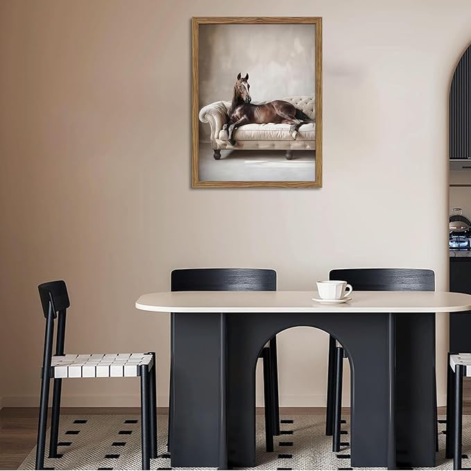 Framed Funny Horse Wall Art, Vintage Brown Horse Laying on Sofa Canvas, Modern Farmhouse Western Wall Decor, Grace Animal Pictures Prints for Living Room Bedroom Office Dorm 8x10 inch