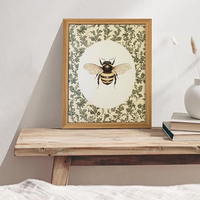 3D Textured Vintage Bee Framed Wall Art, Cottagecore Insect Animal Wall Decor Painting, Rustic Farmhouse Sandstone Botanical Artwork Pictures for Living Room Bedroom 12x16 Inch