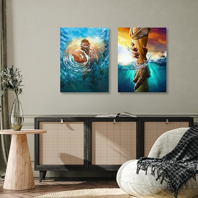 2 Pcs Framed Jesus Wall Art, The Hand of God Jesus Reaching Into Water Poster Prints, Christian Christmas Gifts, Bible Blue Ocean Wrapped Canvas Painting for Church Prayer Room Hospitals 12"x16"