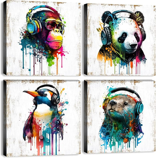 Colorful Animal Wall Art Funny Cute Bear Monkey with Headphone Canvas Prints Pictures Nursery Room Decor Cartoon Penguin Panda Paintings Artwork for Kids Bedroom Bathrooom Home Decoration 12x12” 4 Pcs