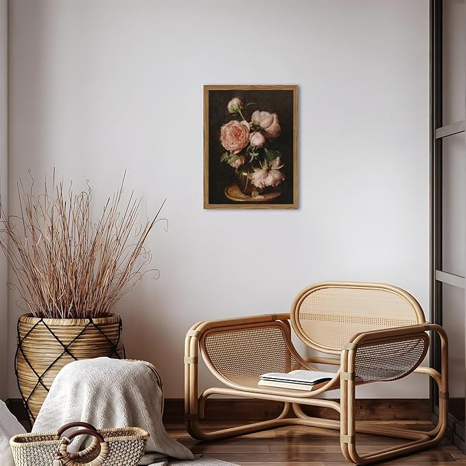 Framed Vintage Floral Wall Art - 3D Textured Classical Flower Wall Decor Paintings, Hand Drawn Sandstone Aesthetic Pictures Prints for Bedroom Living Room Bathroom Office 12x16 inch