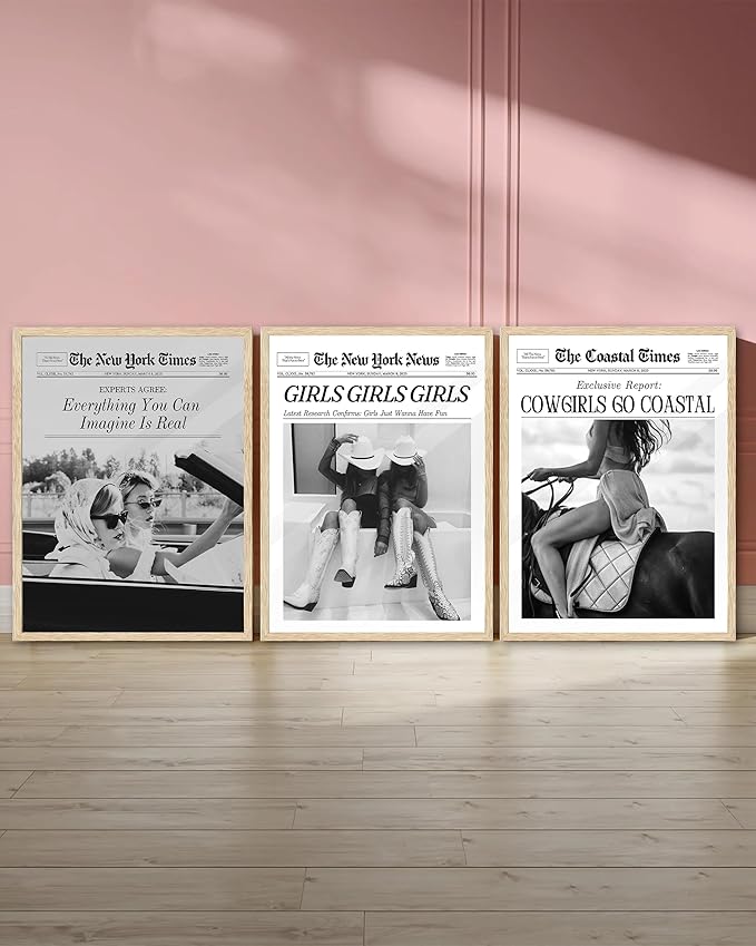 iHery Girls Just Wanna Have Fun Framed Trendy Cowgirl NewsPaper Wall Art, 12x16in Natural OAK Wood Black and White Canvas Wall Decor For Bedroom Dorm Living Room,Vintage Bar Car Home Décor 1Pack
