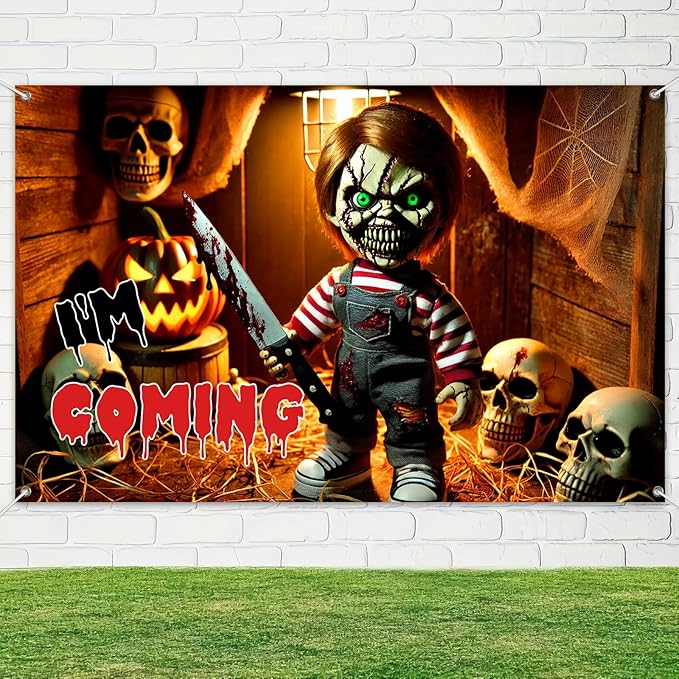 Scary Doll Halloween Banner 71x43 Inch Creepy Knife Puppet Backdrop I'm Coming Wall Decor with Skull Pumpkin for Haunted House Horror Party Trick or Treat Indoor Outdoor Decoration