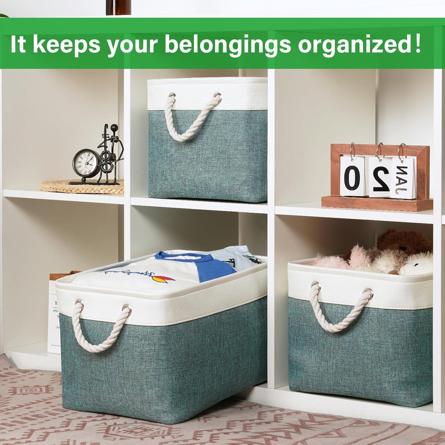 Bidtakay Fabric Storage Baskets for Shelves 3 Pack Large Storage Bins for Organizing Linen Collapsible Organizer for Closet-Deep Green