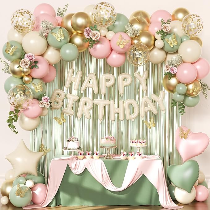 Pink and Sage Green Birthday Decorations, Pink Green Sand White Metallic Gold Foil Confetti Balloons Happy Birthday Banner Gold Butterfly Fringe Curtains Birthday Decorations for Women Girls Teens
