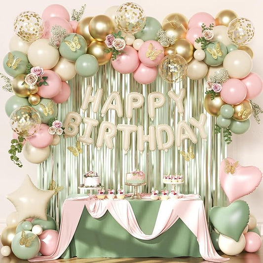 Pink and Sage Green Birthday Decorations, Pink Green Sand White Metallic Gold Foil Confetti Balloons Happy Birthday Banner Gold Butterfly Fringe Curtains Birthday Decorations for Women Girls Teens
