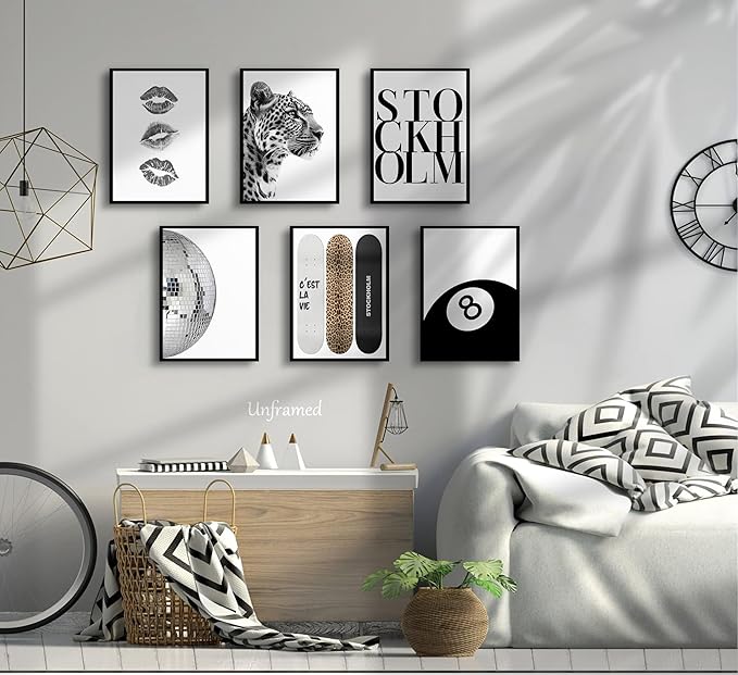 Fashion Trendy Leopard Wall Art Set of 6 Stockholm Preppy Room Painting Picture Wall Decor Black White Aesthetic Cheetah Poster Print Artwork for Girls Bedroom Dorm Apartment Home Decoration Unframed