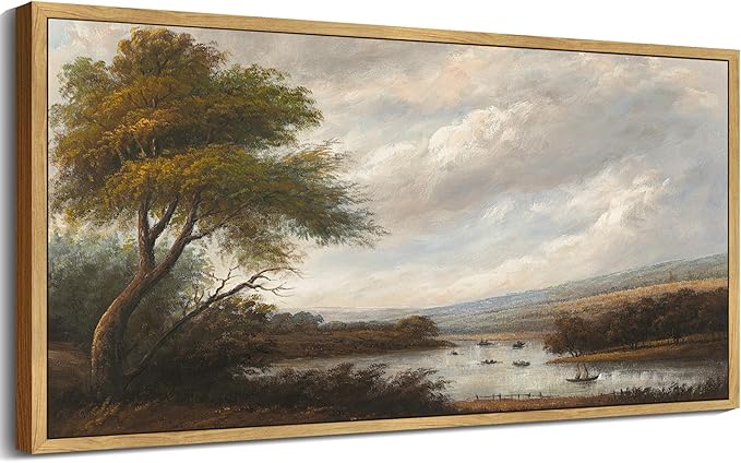 SHENIFY Vintage Landscape Framed Wall Art Riverside Scenery Farmhouse Decor Retro Boat Travel Painting for Kitchen Bedroom Living Room Bathroom - 8x16in Natural Framed