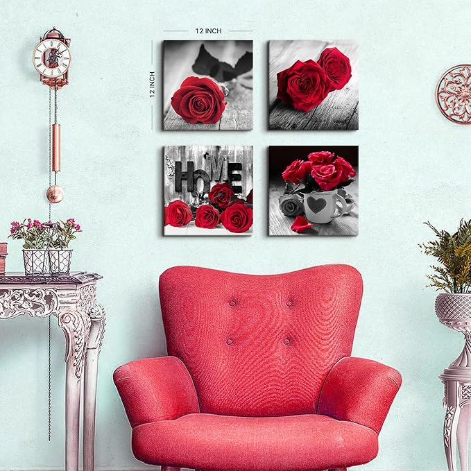 Red Wall Decor for Bedroom Red Bathroom Accessories Black and White Canvas Wall Art Rose Pictures for Living Room Home Decorations Flower Painting Couples Bedroom Kitchen Modern Artwork 12x12"4Pcs/Set