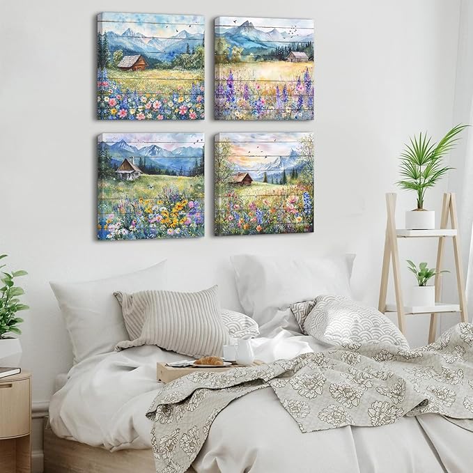 Colorful Wildflower Wall Art Farmhouse Floral Scenery Pictures Rustic Flower Landscape Canvas Painting Mountain Poster Prints Nature Artwork for Living Room Bathroom Modern Home Decorations 20x20” 4P
