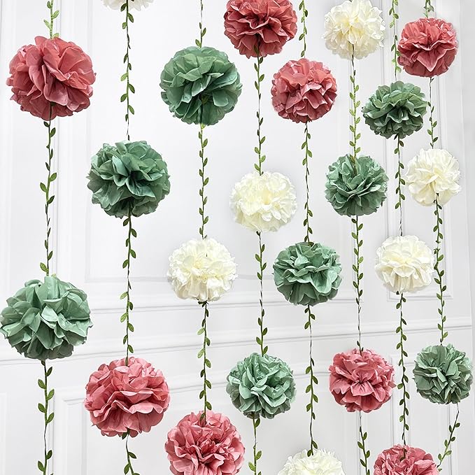 Sage Green Dusty Rose Pink Beige Tissue Paper Flowers Pom Pom with Leaf Ribbon Hanging Garland Streamer for Girl Safari Woodland Jungle Baby Shower Birthday Wedding Garden Party Decorations Supplies
