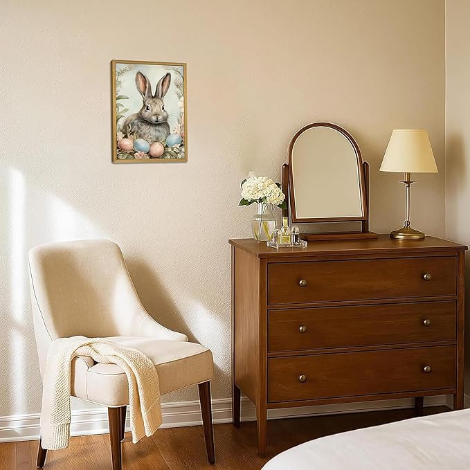 Easter Bunny Wall Art, Vintage Rabbit Canvas Wall Decor, Easter Eggs Poster Print Picture, Spring Farmhouse Animal Painting for Living Room Bedroom Kitchen Holiday Home Decor 8x10 Inch Wood Framed