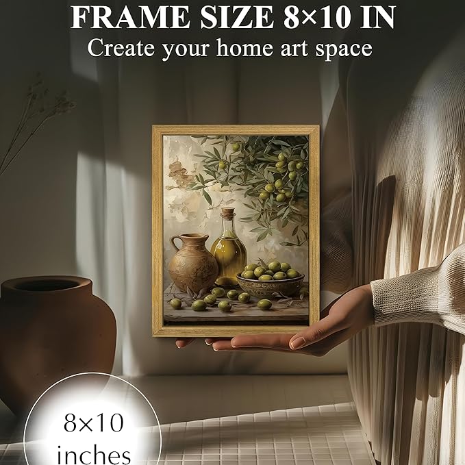 Wood Framed Olive Kitchen Wall Art, Vintage Rustic Still Life Canvas Print, Green Olives Poster Print Picture, Fruit Wall Decor Painting for Dining Room Cafe Restaurant Farmhouse Home Decor 8x10 inch