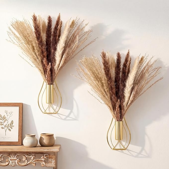 Otoolling Boho Wall Decor Set of 2 – Metal Hanging Wall Art with Faux Pampas,Minimalist Bohemian Accent for Living Room, Bedroom, Entryway(Gold)