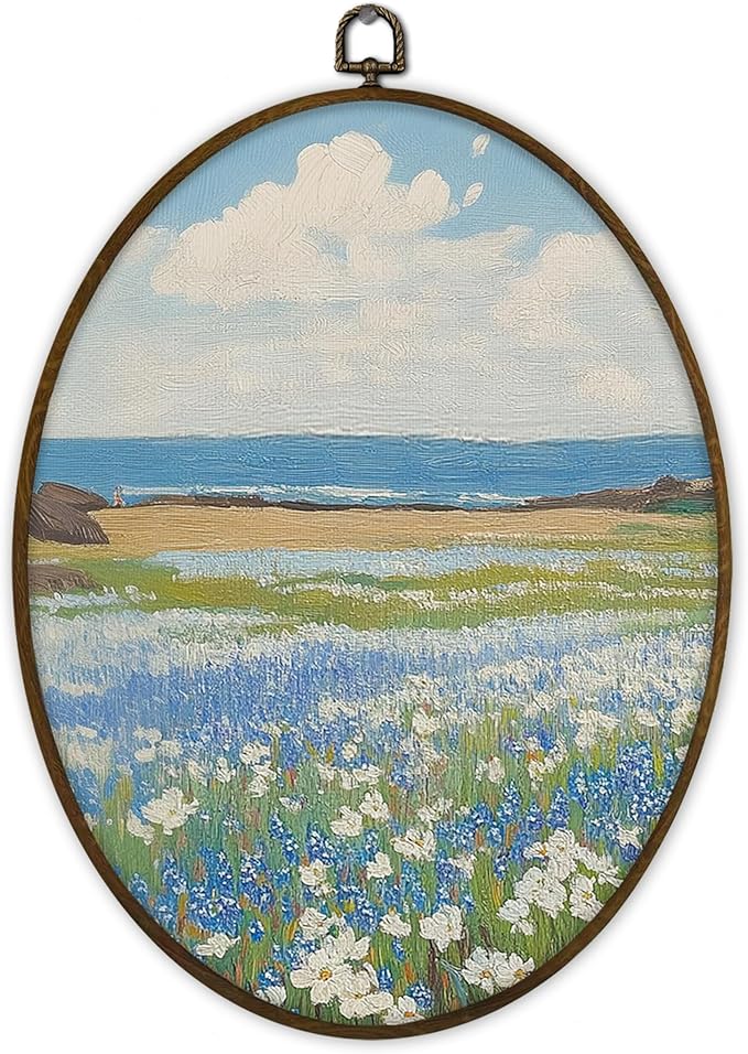Gnmduw Wildflower Meadow Natural Field Landscape Oval Wall Art Framed, Vintage Floral Landscape Canvas Prints Hanging Decor,Rustic Nature Wall Decor for Living Room Bedroom Art Gallery, 8.7x11.3 Inch