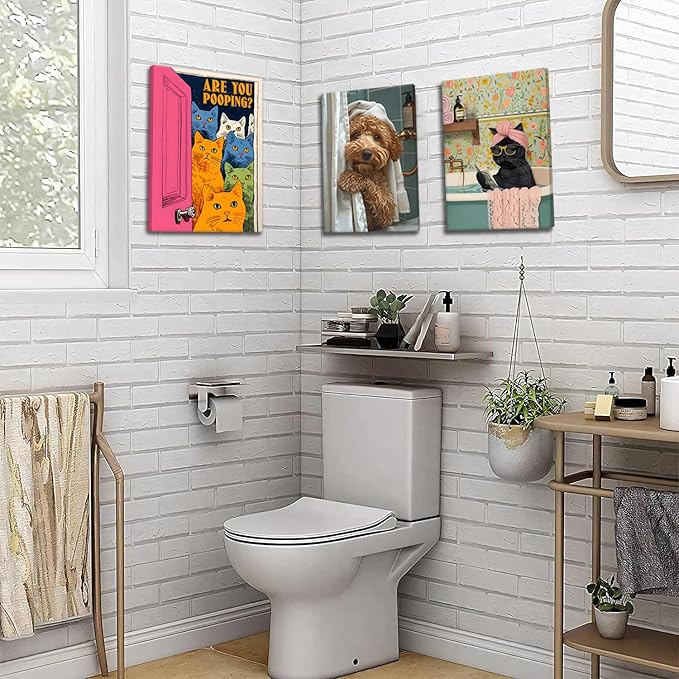 Yaneiro Funny Bathroom Cat Canvas Wall Art, Framed Cute Cat Prints Posters Wall Decor, Are You Pooping Sign Animal Pictures for Living Room Bedroom Toilet Kids Room Wall Paintings 16x24 in