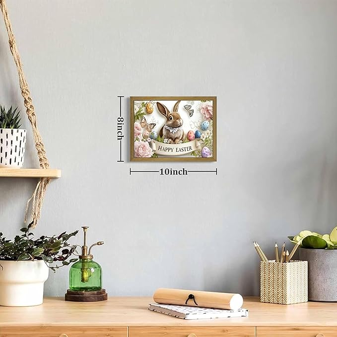 Framed Easter Bunny Wall Art, Vintage Holiday Decor Oil Painting, Rustic Farmhouse Spring Animal Wall Decor, Cute Rabbit Easter Eggs Canvas Print Paintings for Living Room Bedroom Nursery 8x10 Inch