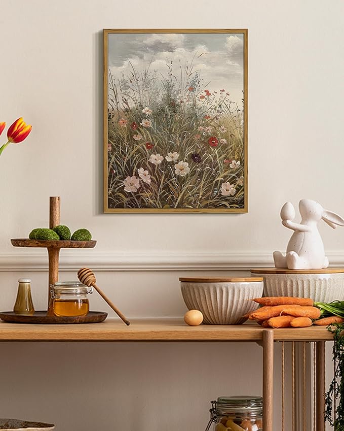 SHENIFY Vintage Landscape Framed Wall Art Wildflower Field Scenery Farmhouse Decor Retro Meadow with Flowers Painting for Kitchen Living Room Bedroom Bathroom - 11x14in Natural Framed