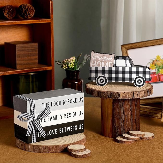 Jetec 4 Pcs Farmhouse Wooden Tabletop Decor Farmhouse Rustic Tiered Tray Decor Home Sweet Home Centerpiece Black and White Truck Buffalo Plaid Tabletop Sign for Kitchen Shelf Desk Decoration