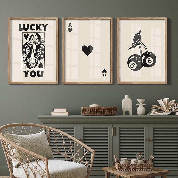 Heiple Framed Set of 3 Poker Wall Art Lucky You Poster, Trendy Retro Print Wall Decor for Queen of Hearts Wall Art Rustic Vintage Farmhouse Home Wall Decor（Brown 12"x16"）
