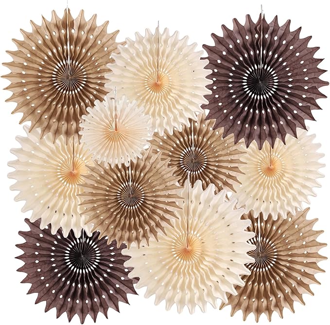 PAPER JAZZ 11 Pcs Brown Party Decorations Neutral Party Decorations Boho Themed Decoration for Western Party Honeycomb Paper Fans Rustic Baby Shower Birthday Wedding Graduation Party Supplies