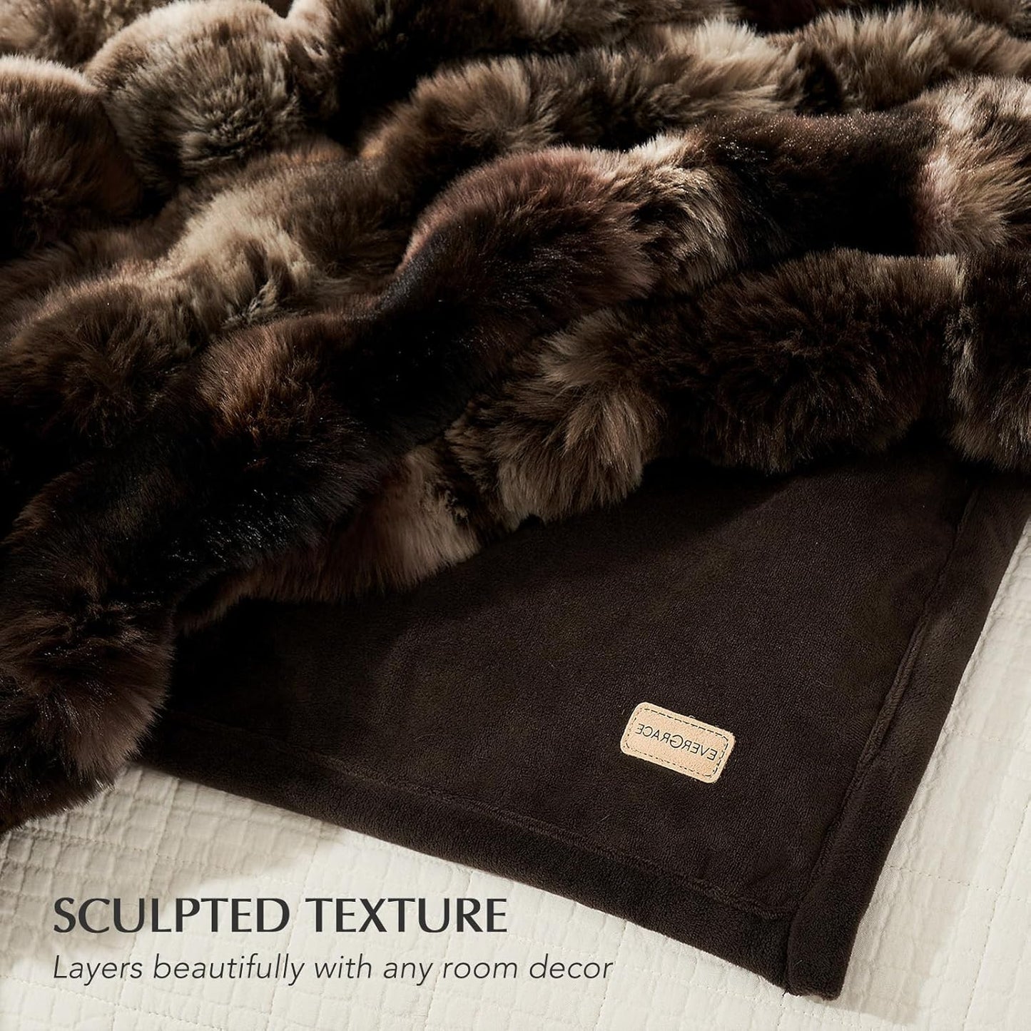 EVERGRACE Ultra Soft Luxury Fluffy Ridgeline Faux Rabbit Fur Throw Blanket, Thick Warm Bubble Throw for Bed, Cozy Plush Reversible Blankets for Couch, Chair, Sofa, Mocha Brown, 50x60 Inches, 870 GSM