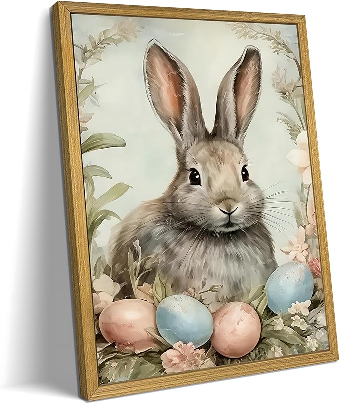 Easter Bunny Wall Art, Vintage Rabbit Canvas Wall Decor, Easter Eggs Poster Print Picture, Spring Farmhouse Animal Painting for Living Room Bedroom Kitchen Holiday Home Decor 8x10 Inch Wood Framed
