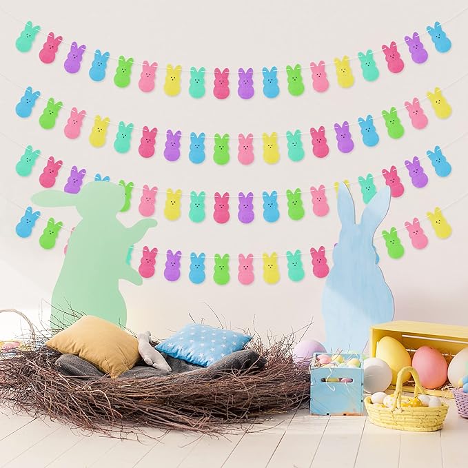 WATINC 4pcs Easter Peeps Bunny Garland Decoration, Colorful Felt Rabbit Hanging Bunting Reusable Ornament Spring Party Banner Favors Supplies, Happy Easter Day Home Decor for Mantle Fireplace Wall